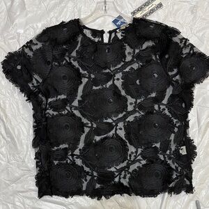 Ultra Pink Black Floral Textured Lace Blouse with stitched Black Floral design